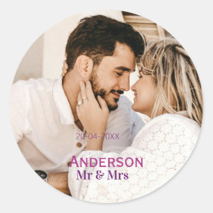 Mr & Mrs add family name photo date wedding family Classic Round Sticker