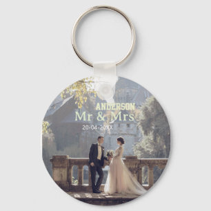 Mr & Mrs add family name photo date wedding family Key Ring