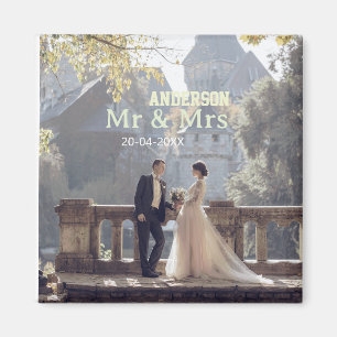 Mr & Mrs add family name photo date wedding family Magnet