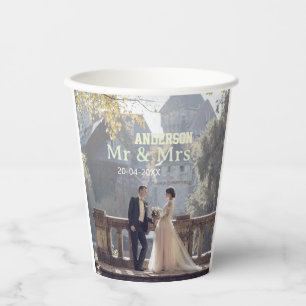 Mr & Mrs add family name photo date wedding family Paper Cups
