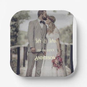 Mr & Mrs add family name photo date wedding family Paper Plate