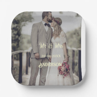 Mr & Mrs add family name photo date wedding family Paper Plate