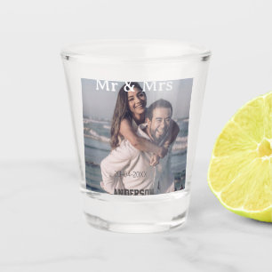 Mr & Mrs add family name photo date wedding family Shot Glass