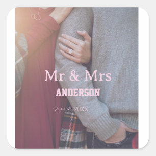 Mr & Mrs add family name photo date wedding family Square Sticker