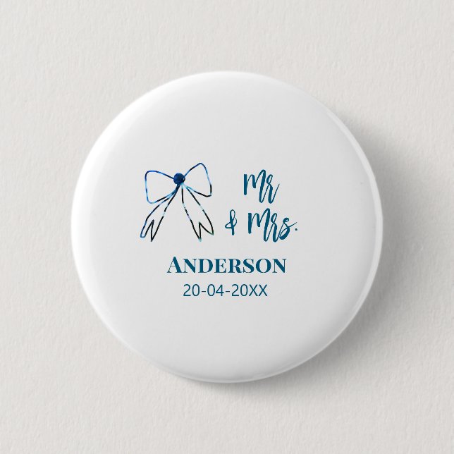 Mr & Mrs add name date wedding favour bow blue gre 6 Cm Round Badge (Front)