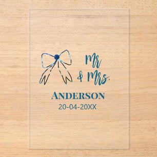 Mr & Mrs add name date wedding favour bow blue gre Acrylic Invitations