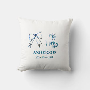 Mr & Mrs add name date wedding favour bow blue gre Cushion