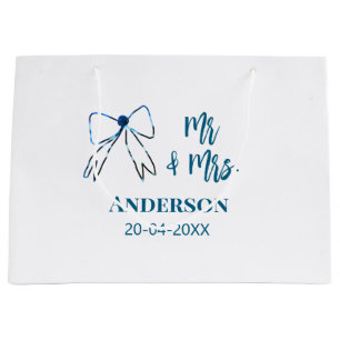 Mr & Mrs add name date wedding favour bow blue gre Large Gift Bag
