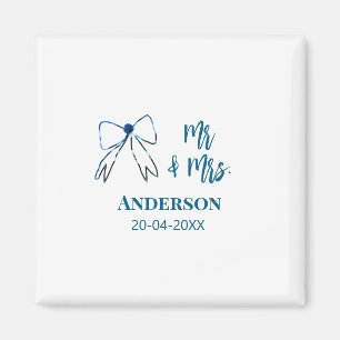 Mr & Mrs add name date wedding favour bow blue gre Magnet