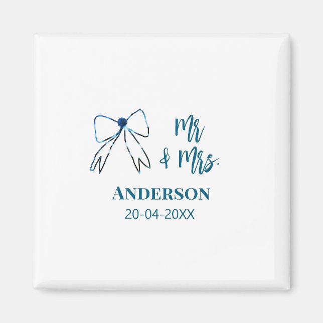 Mr & Mrs add name date wedding favour bow blue gre Magnet (Front)