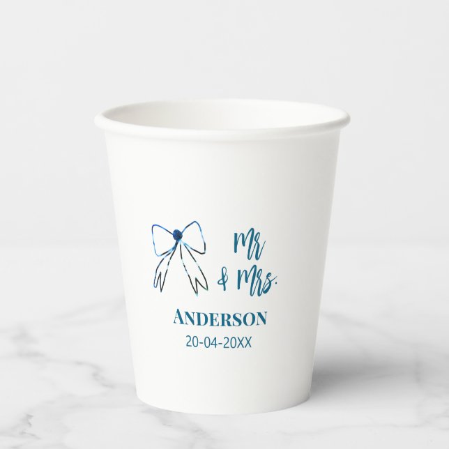 Mr & Mrs add name date wedding favour bow blue gre Paper Cups (Front)