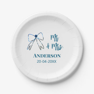 Mr & Mrs add name date wedding favour bow blue gre Paper Plate