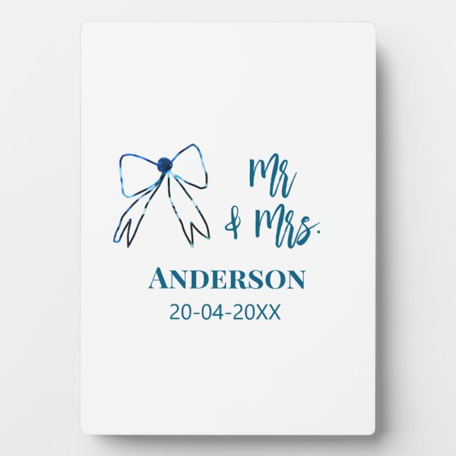 Mr & Mrs add name date wedding favour bow blue gre Plaque (Front)