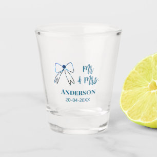 Mr & Mrs add name date wedding favour bow blue gre Shot Glass