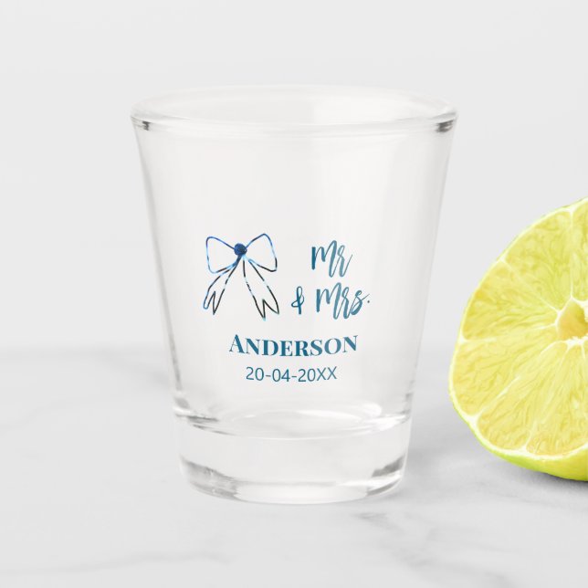 Mr & Mrs add name date wedding favour bow blue gre Shot Glass (Front)