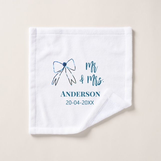 Mr & Mrs add name date wedding favour bow blue gre Wash Cloth (Wash Cloth)
