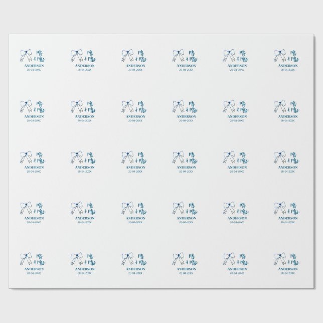 Mr & Mrs add name date wedding favour bow blue gre Wrapping Paper (Flat)