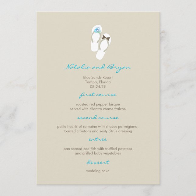 Mr & Mrs Aqua Flip Flops Beach Wedding Menu Card (Front)