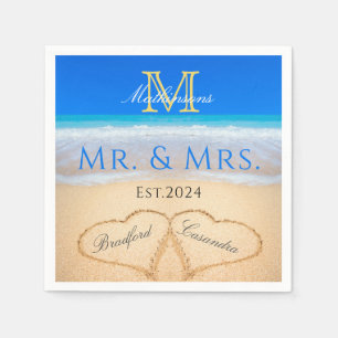 Mr Mrs Beach Wedding Hearts in Sand Monogram  Napkin