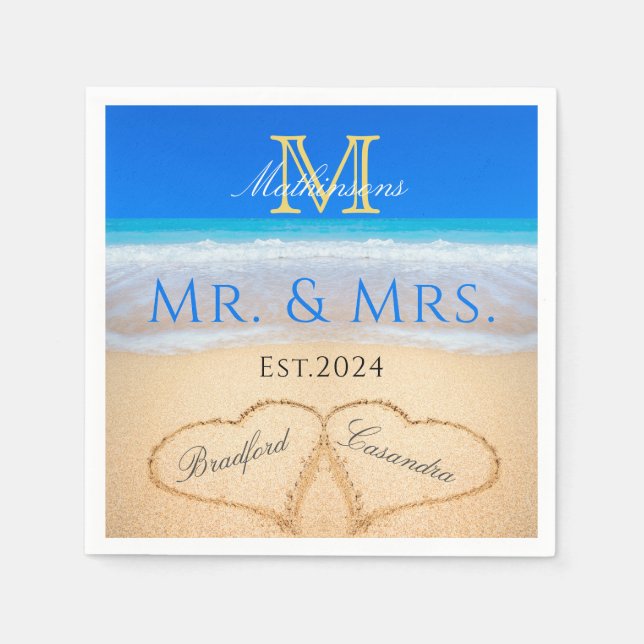 Mr Mrs Beach Wedding Hearts in Sand Monogram  Napkin (Front)