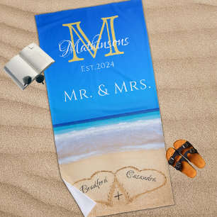 Mr. Mrs. Beach Wedding Hearts Sand Family Monogram Towel