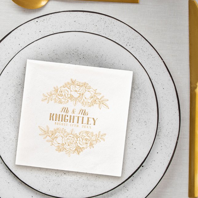 Mr & Mrs Beautiful Gold Foil Roses Floral Wedding Napkins (Creator Uploaded)