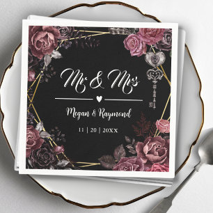 Mr & Mrs   Black Dark Roses Floral Gothic Wedding  Napkin