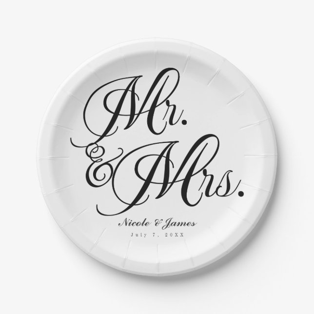 Mr. & Mrs. Black White Wedding Engagement Party Paper Plate (Front)