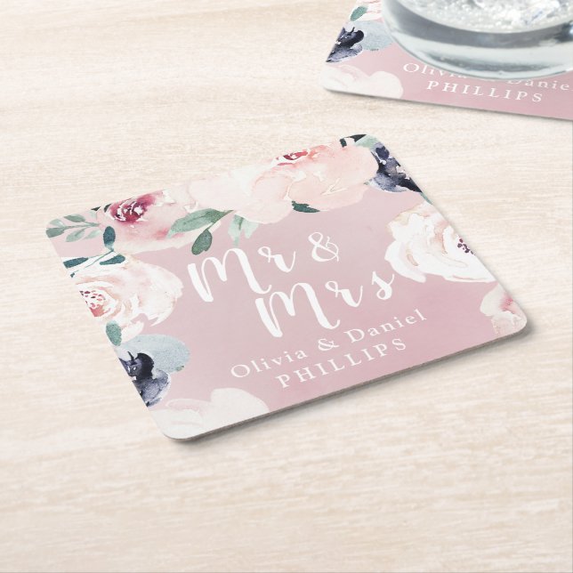 Mr & Mrs Blooming botanical blush floral Square Paper Coaster (Angled)