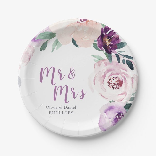 Mr & Mrs Blooming botanical purple floral wedding Paper Plate (Front)