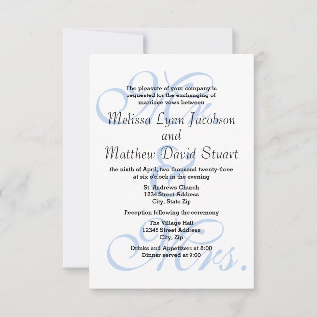 Mr. & Mrs. Blue-3x5 Wedding & Reception Invitation (Front)