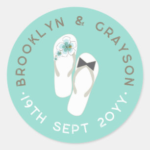 Mr & Mrs Blue Hibiscus Flip Flops Beach Wedding Classic Round Sticker