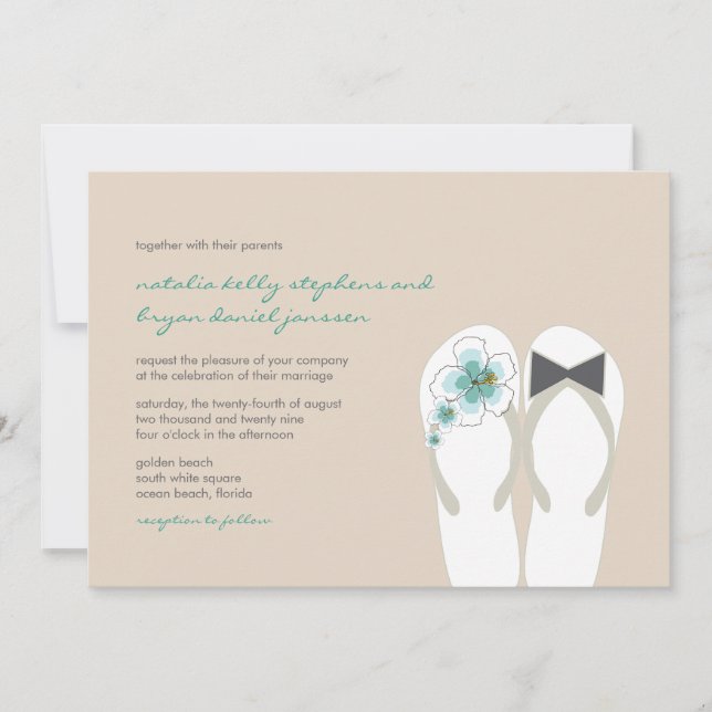 Mr & Mrs Blue Hibiscus Flip Flops Beach Wedding Invitation (Front)