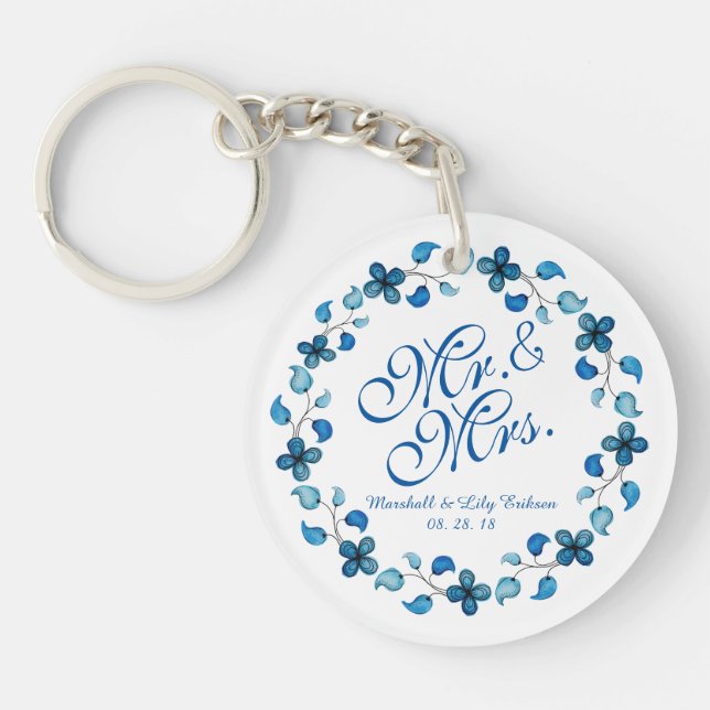 Mr. & Mrs. Blue Watercolor Floral Wedding Keychain (Front)