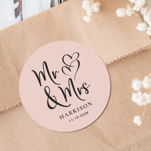 Mr Mrs Blush Pink Wedding Classic Round Sticker
