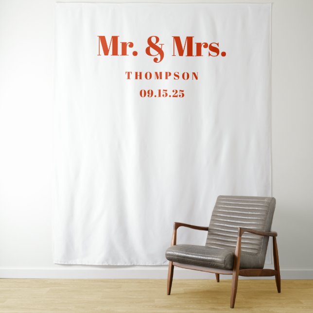 Mr. & Mrs. Bold Orange Typography Wedding Backdrop Tapestry (In Situ)