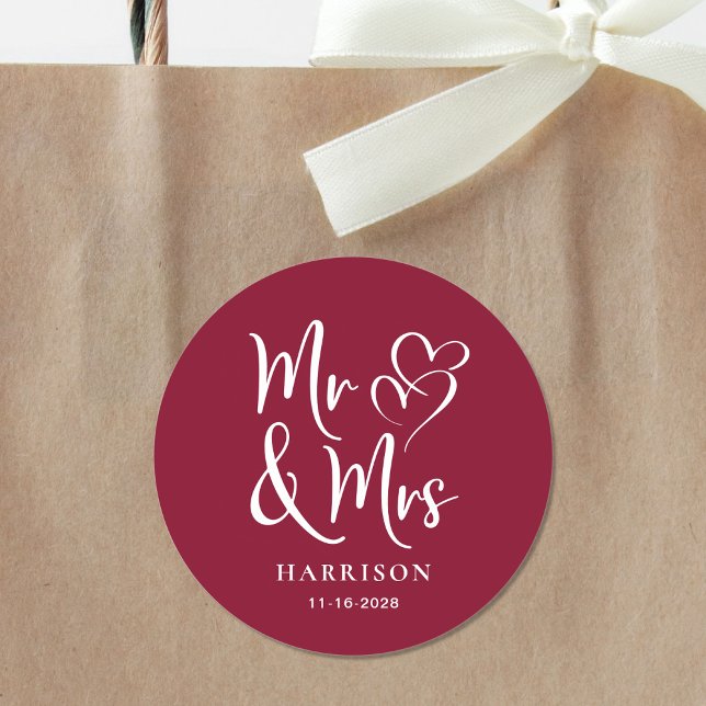 Mr Mrs Burgundy Wedding Classic Round Sticker (Creator Uploaded)