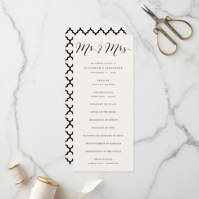 Mr & Mrs Calligraphy Script Geometric Chic Wedding Programme (Front/Back In Situ)