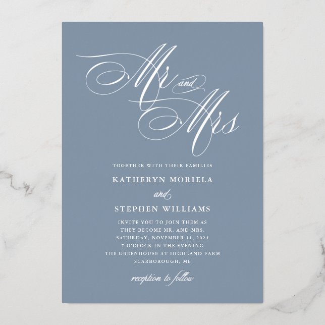 Mr & Mrs Calligraphy Wedding Silver Foil Invitatio (Front)