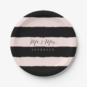 Mr & Mrs Chic Script Calligraphy Stripes Wedding Paper Plate