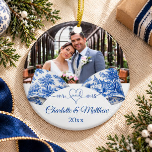 Mr Mrs Christmas blue white toile bow photo Ceramic Tree Decoration
