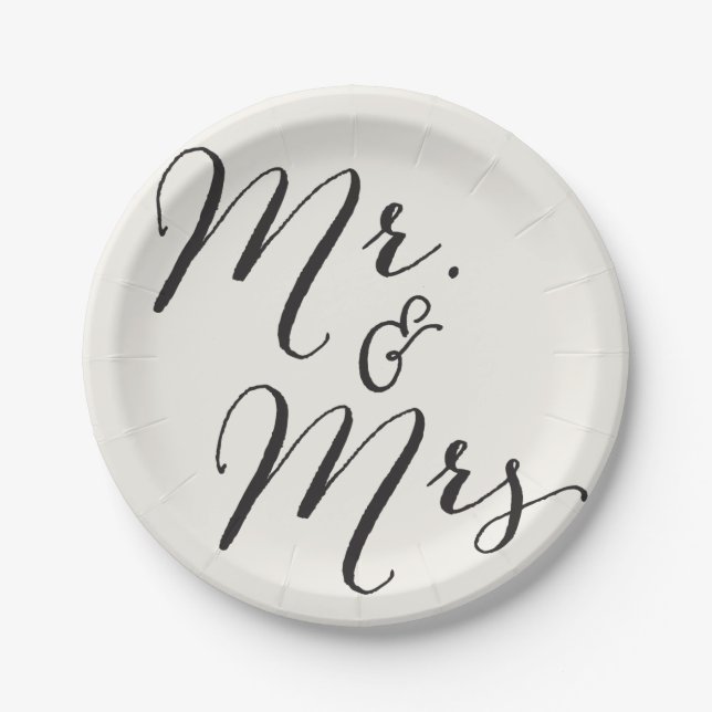 Mr & Mrs Classic Script Chic Calligraphy Wedding Paper Plate (Front)
