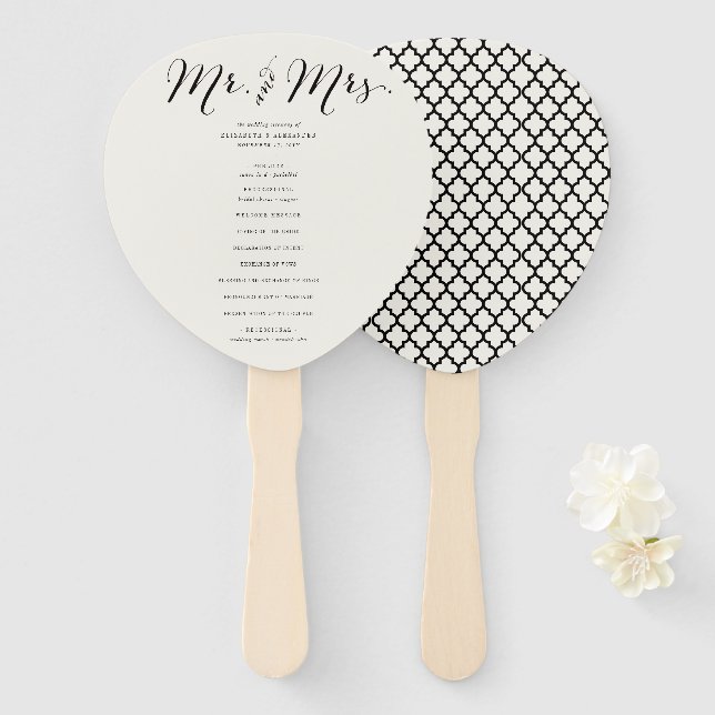 Mr & Mrs Classic Script Geometric Wedding Program Hand Fan (Front and Back)