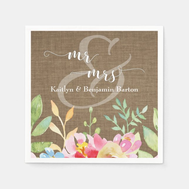 Mr. & Mrs. Colourful Watercolor Flowers over Burla Napkin (Front)