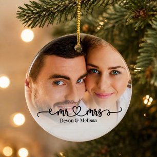 Mr & Mrs Couple Photo Overlay Script Heart Ceramic Tree Decoration