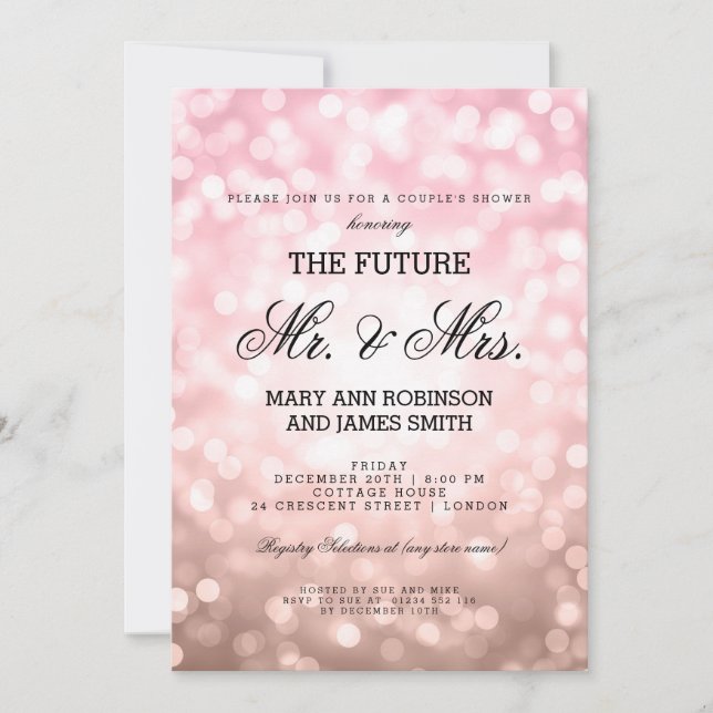 Mr Mrs Couples Shower Rose Blush Pink Bokeh Lights Invitation (Front)
