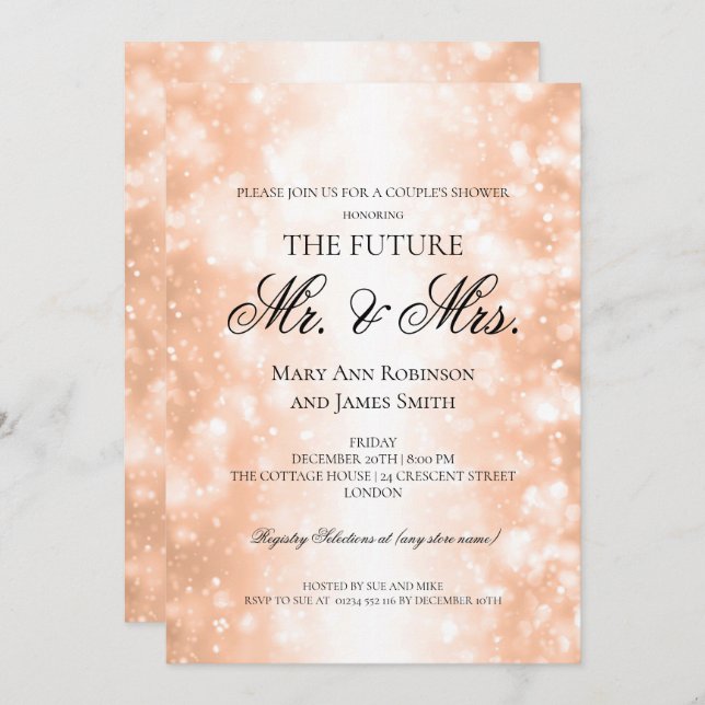 Mr Mrs Couples Shower Rose Gold Shimmer Lights Invitation (Front/Back)