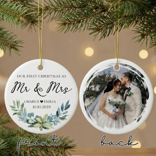 Mr & Mrs Custom Newlywed First Christmas Photo Ceramic Tree Decoration