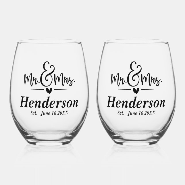 Mr & Mrs Customisable Wedding  Stemless Wine Glass (Front)