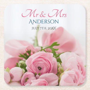 Mr & Mrs, DIY Last Name, Date & Photo Square Paper Coaster